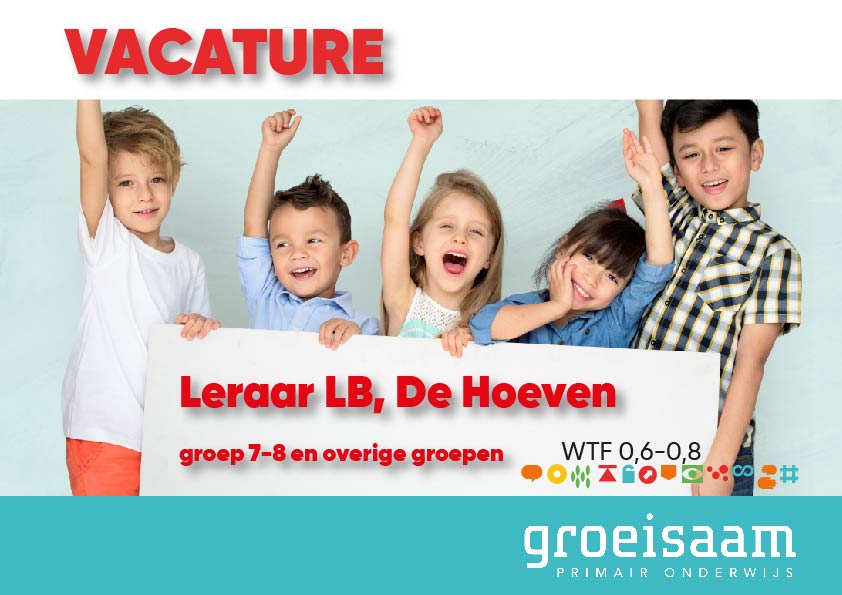 Leraar LB De Hoeven, 1 dag groep 7/8, rest overige groepen (0,6-0,8 fte)